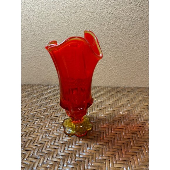 Vintage Fenton Handmade Orange Glass Vase  Ruffled Edge & Pedestal Base - Picture 4 of 7